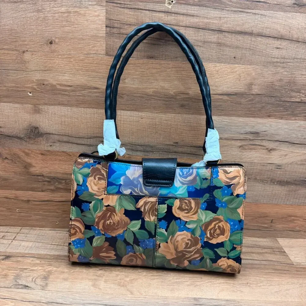 Patricia Nash  Fabriano Blue Skye Rose Print Leather Shoulder Satchel Bag